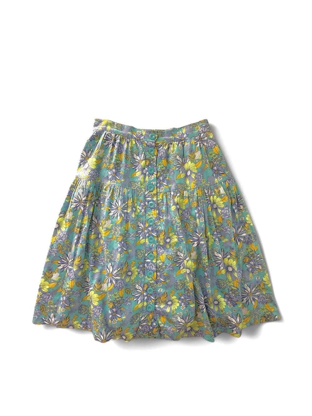 ModCloth Daisies At Nightfall Tiered Midi Skirt Blue Green Yellow Size 8